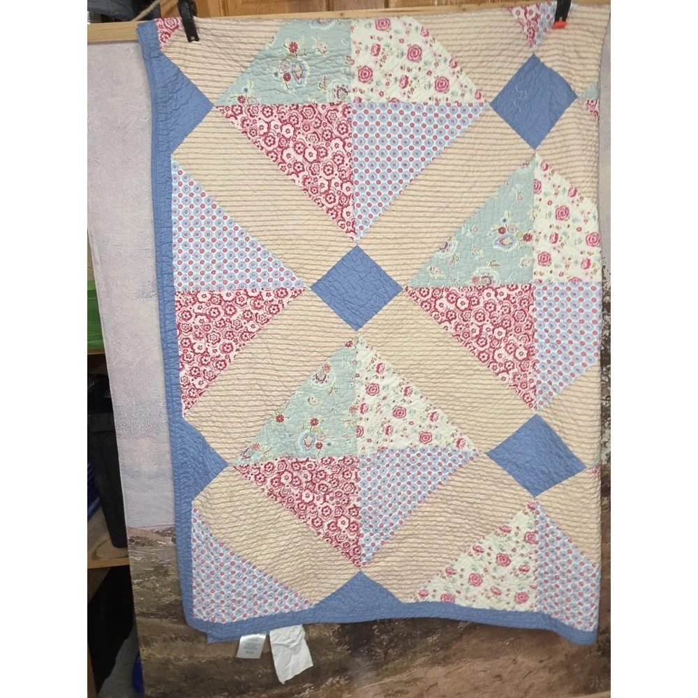 Pastel Shabby Chic Half-Square Triangle Quilt Twin Size I Sham 25x20
